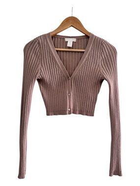 H&M Rib Knit Cropped Cardigan Dusty Nude Button Front